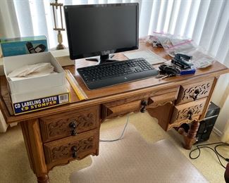 Oak desk, office items