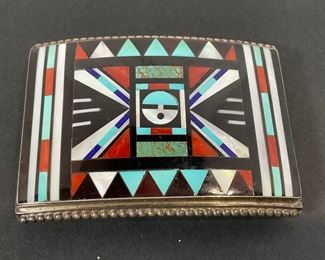 Signed Zuni Inlay / Sterling Belt Buckle by Rick & Lucy Vacit