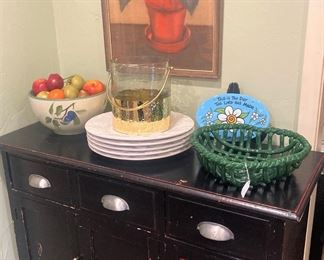 Black chest; decorative items