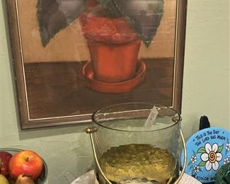 Brass and glass ice bucket; white plates