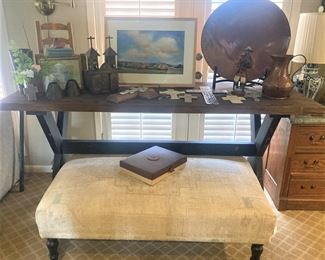 Wooden top table; décor; great ottoman
