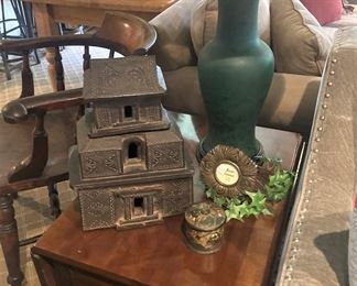 End table; deep green lamp