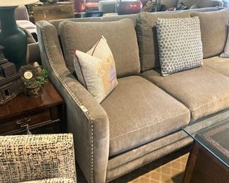 Gray 3-cushion sofa with nail-head trim