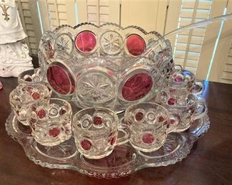 Lovely cranberry flash moon & star  punch bowl, cups, and underplate