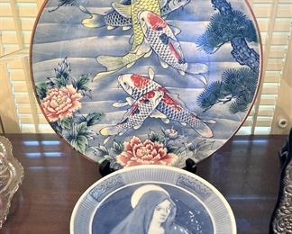 Colorful koi fish plate; Mary & Jesus 1920 Copenhagen Christmas plate and others