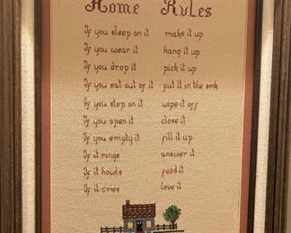 Cross-stitched "Home Rules"