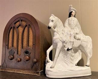 Vintage radio; antique English Staffordshire man on horse figurine
