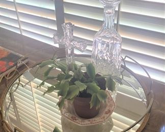 Mirrored tray, cross, and decanter