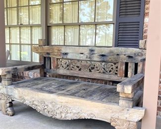 Consigned primitive hand carved bench - 6 feet 4 inches wide