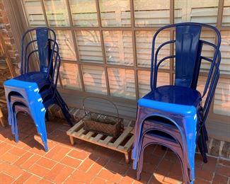 8 blue metal chairs