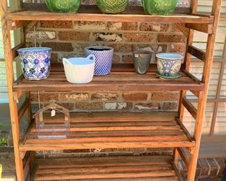 4-tier wooden shelf; flower pots