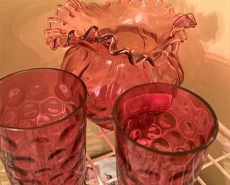 Cranberry glasses and vase
