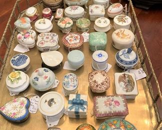 Large brass tray full of hinged boxes . . . Limoges, German, English, etc.