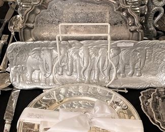 Chargers; Arthur Court elephant server; miscellaneous trays