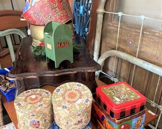 Rustic iron bed; Christmas boxes