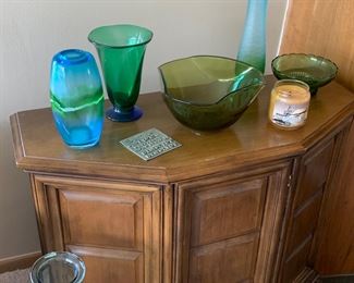 Vintage glass, vases, bowls, vintage cabinet 