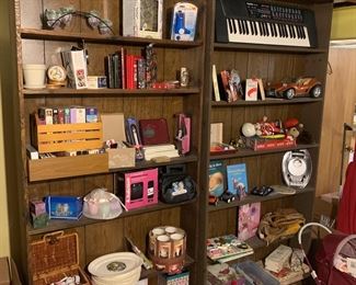 Keyboard, housewares, VHS, Book Shelves