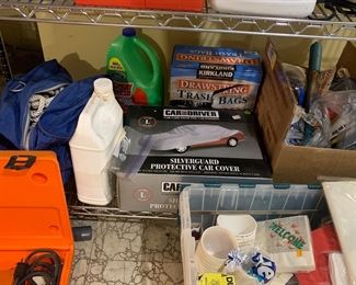 Car cover, tools, rope, trash bags