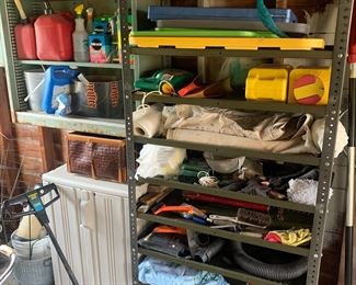 Assorted tools, gardening items, Rubbermaid cabinet, edger