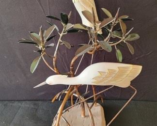 Wood and metal heron sculpture