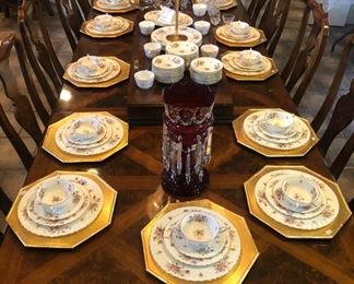 Wonderful Drexel formal dining room set - banquet-length table has 3 leaves, 12 chairs and has table-top pad set!