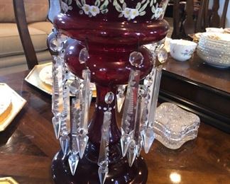 A pair of these antique enameled cranberry glass mantle lusters! 