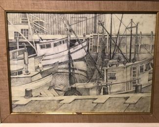 Large charcoal sketch of shrimp boats by local artist  Neldene Matusevich.
