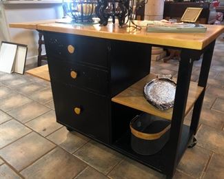 Black rolling kitchen island w/ thick wood top