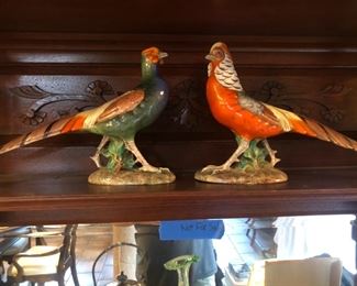 Pair of vintage hand painted pheasants by Ugo Zaccagnini. Gorgeous!