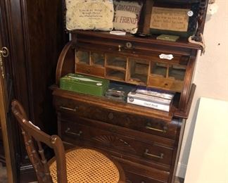 Fabulous small cylinder roll-top secretary desk and period chair.