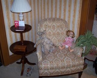 MAHOGANY LAMP TABLE, LAMP ONE OF A PAIR OF ARMCHAIRS, STEIFF BEARS & CHATTY KATHY