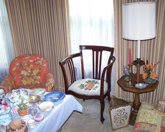 ART NOVEAU CHAIR, ONE OF A PAIR OF CORAL EASY CHAIRS, TRAY LAMP & SMALLS