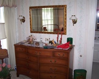 MORGANTON BOW-FRONT CHEST OF DRAWERS, GILT-FRAMED MIRROR & MISC.