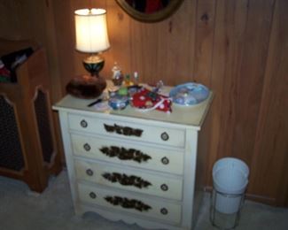 PAINTED CHEST, GREEN-BASE LAMP & MISC.