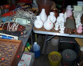 VASES, BUCKET OF BRASS SCREWS & MISC.