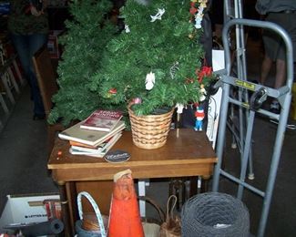 HOLIDAY TREE, SMALL TABLE & HAND CART