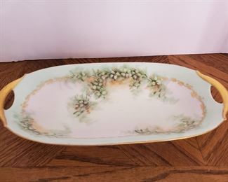 ELONGATED Hand Painted FLORAL Green/White Bowl :: Marked BAVARIA