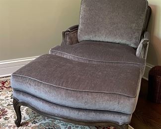 Velvet Upholstered Bergere Chair & Ottoman. Smokey / Mole Grey Fabric. Photo 4 of 4.