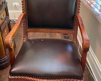 Carved Wood Office Chair with Leather Seat & Nailhead Trim.