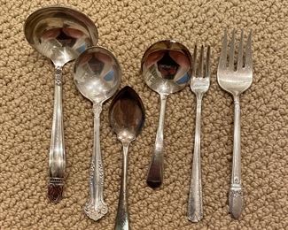 Holmes & Edwards Silver Plate Gravy Ladle "Danish Princess" Pattern, Small Silver Plate Ladle Made In England, Rogers Brothers "First Love" Spoon, Castle Silver Plate Shrimp Fork and Oneida Tudor Plate Community Meat Fork.