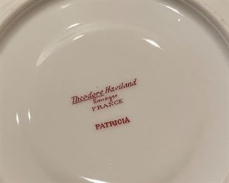 Theodore Haviland Patricia China:
4 Tea Cups, 10 Saucers, 2 Bowls, 2 Dessert Plates
6 Salad Plates, 6 Dinner Plates. Photo 3 of 4.