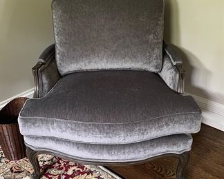 Velvet Upholstered Bergere Chair & Ottoman. Smokey / Mole Grey Fabric. Photo 1 of 4.