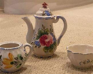 Italian Glazed Ceramic Tea Pot, Sugar Bowl and Bowl.