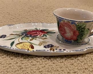 Set of 4 Italian Glazed Ceramic Luncheon Plates & Teacup Sets. Photo 1 of 2.