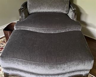 Velvet Upholstered Bergere Chair & Ottoman. Smokey / Mole Grey Fabric. Photo 3 of 4.