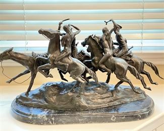 Frederic Remington Reproduction Bronze, "Old Dragoons." Measures 20" W x 14" H.