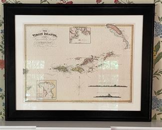 Framed Antique Map, "The Virgin Islands." Published by Rich, Holmes, Laurie. Measures 36" W x 28: H Framed. Photo 1 of 3.