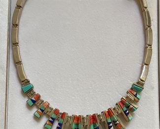 Sterling Silver, Blue, Orange Turquoise & Lapis Necklace.