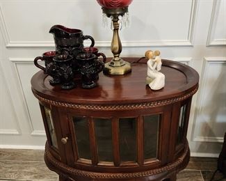 Chocolate Serving Table in Mahogany - Red Pitcher Set - Cranberry Table Lamp