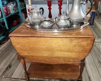 Antique Walnut Tea Cart - Pewter Tea Set